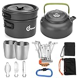 Odoland Camping Kochgeschirr Set 11-teiliges Outdoor Kochgeschirr mit Mini Gaskocher Tragbar Aluminium Topf 0.8L Teekessel 2 Tassen Faltbare Besteck Camping Kochset für Outdoor Picknick Wandern